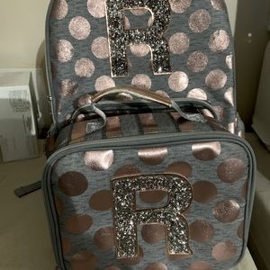 Pink and grey backpack with lunch bag for small girls.